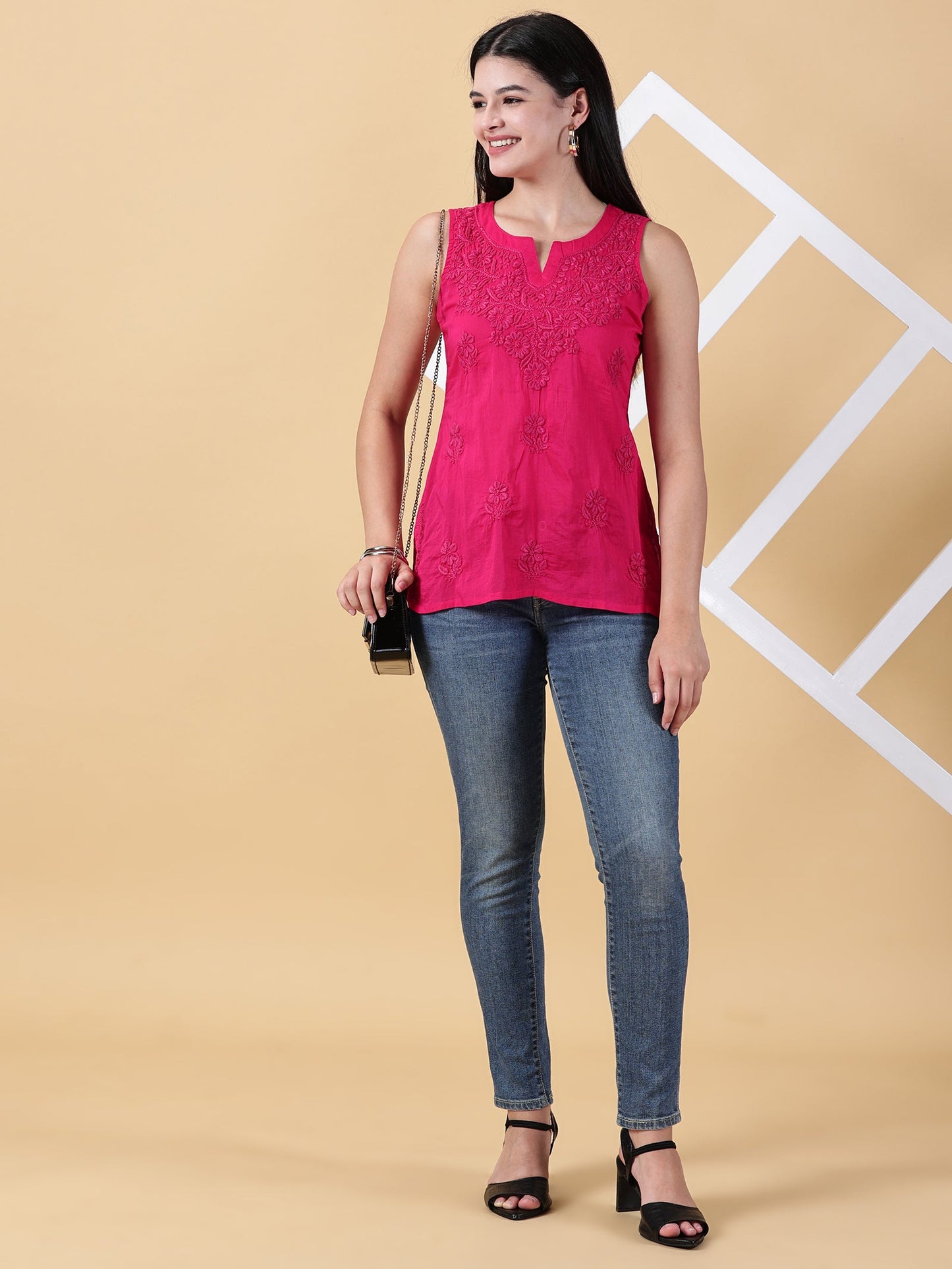 Women Pink Cotton Chikankari Top