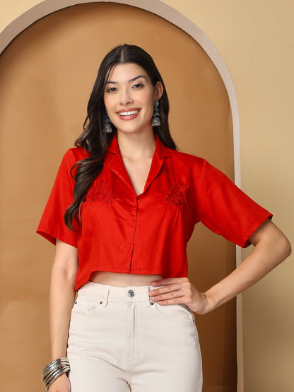 Women Red Chanderi Hand Chikankari Top