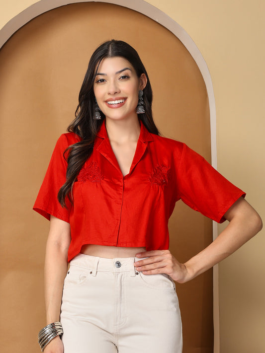 Women Red Chanderi Hand Chikankari Top