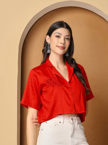 Women Red Chanderi Hand Chikankari Top