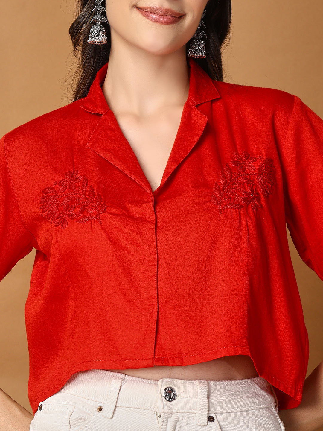 Women Red Chanderi Hand Chikankari Top