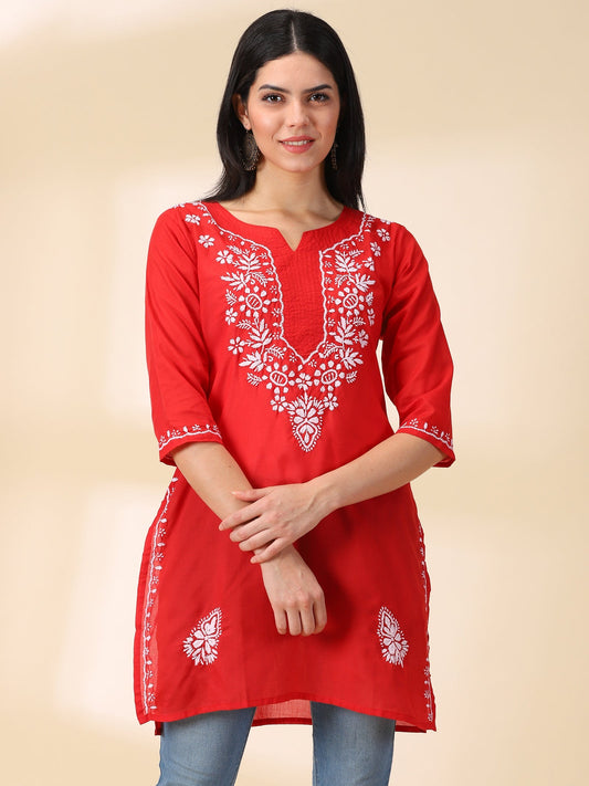 Women Red Lucknowi Chikankari Cotton Kurta