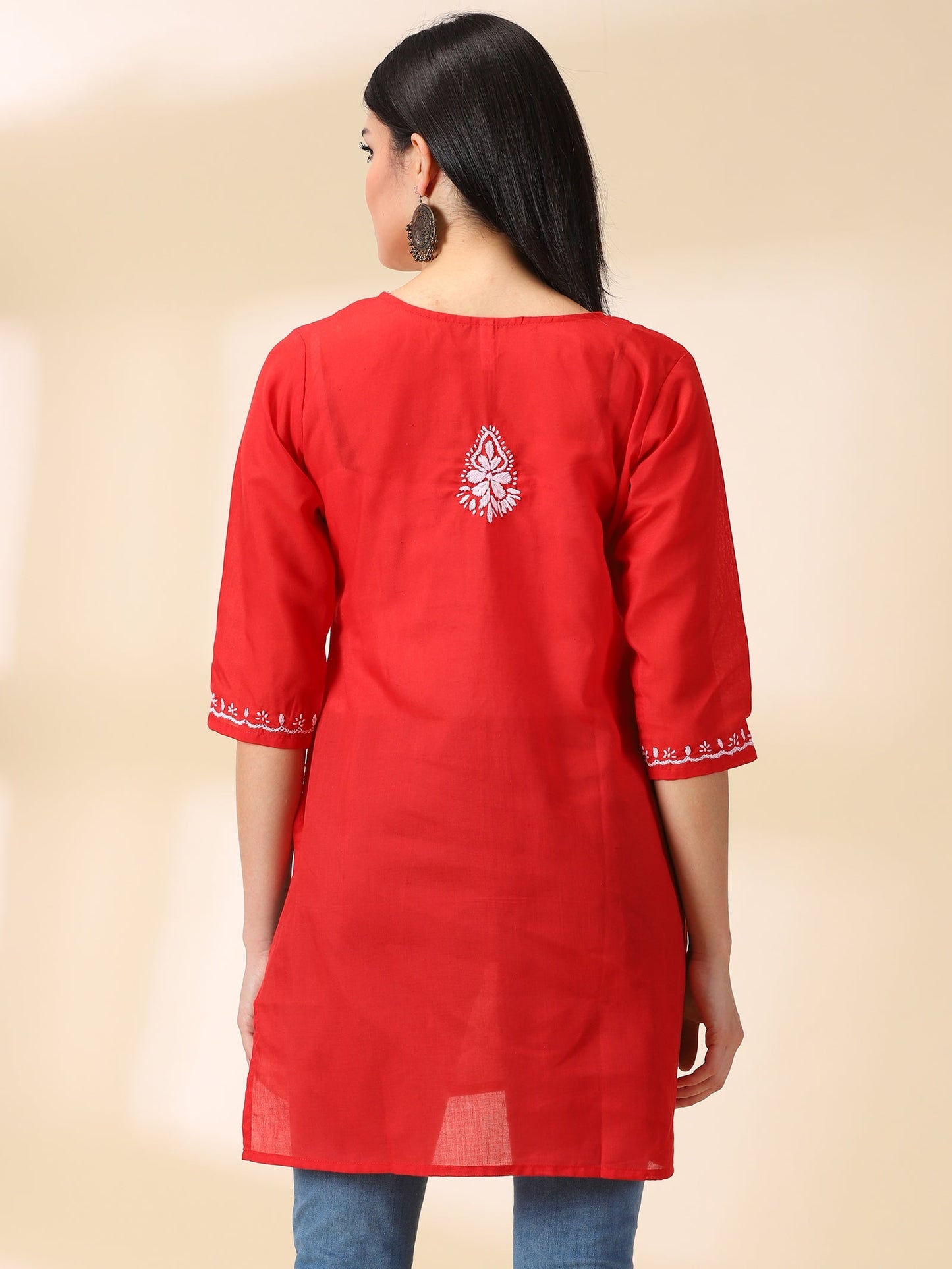 Women Red Lucknowi Chikankari Cotton Kurta