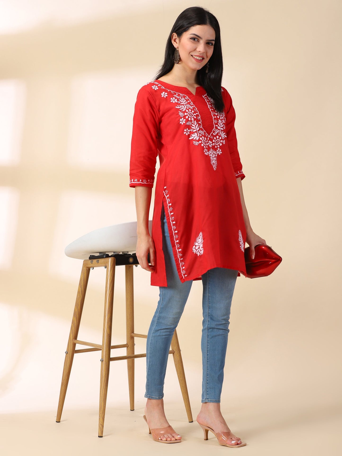 Women Red Lucknowi Chikankari Cotton Kurta