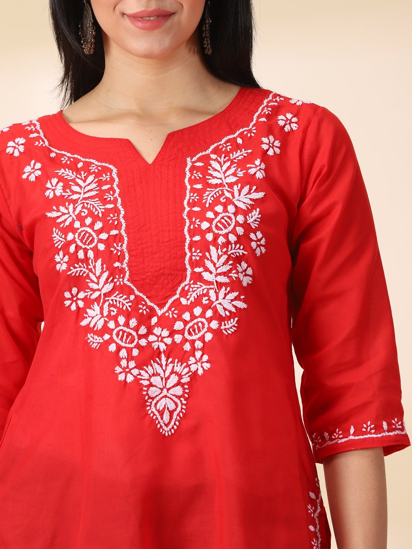 Women Red Lucknowi Chikankari Cotton Kurta