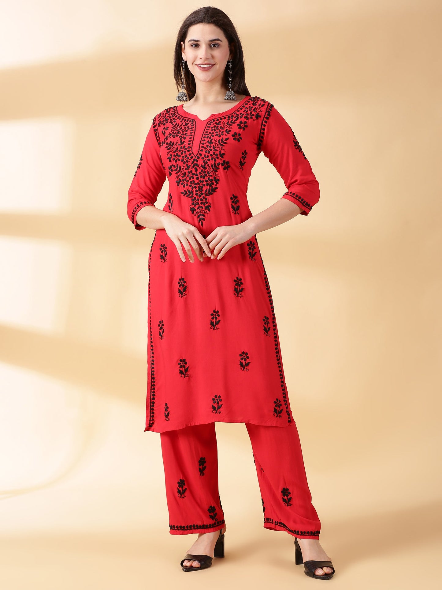 Women Red Lucknowi Chikankari Kurti With Palazzos