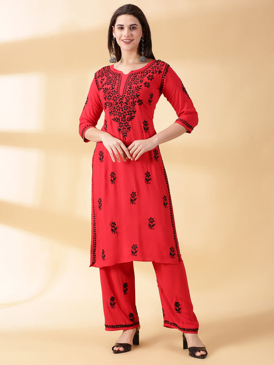 Women Red Lucknowi Chikankari Kurti With Palazzos