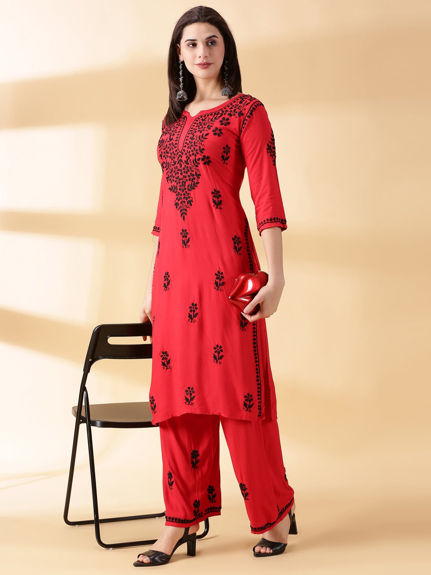 Women Red Lucknowi Chikankari Kurti With Palazzos