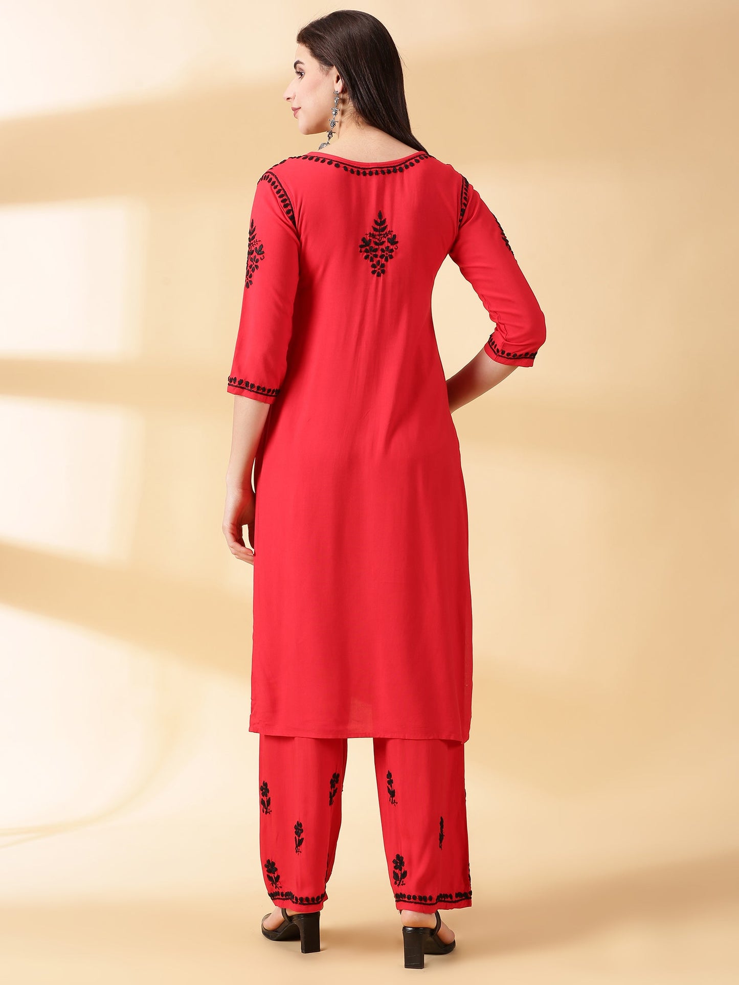 Women Red Lucknowi Chikankari Kurti With Palazzos