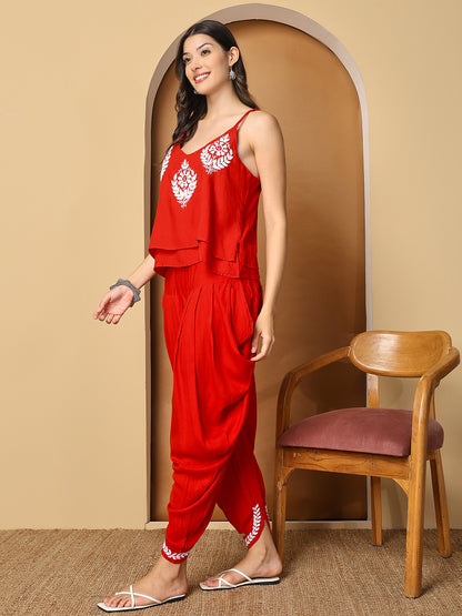 Red Rayon Spaghetti Top with White Chikankari Embroidery