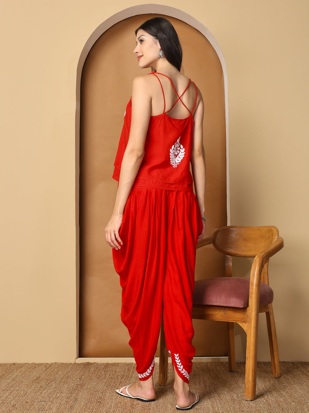 Red Rayon Spaghetti Top with White Chikankari Embroidery