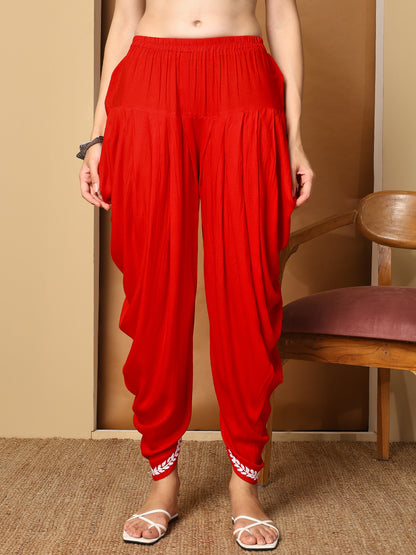 Red Rayon Spaghetti Top with White Chikankari Embroidery