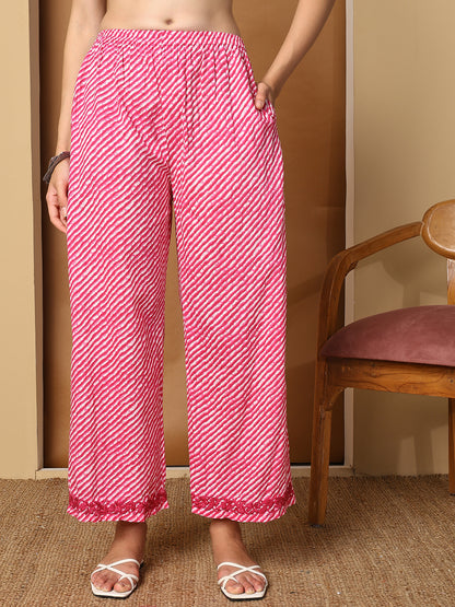 White Cotton Long Kurta Set with Pink Chikankari and Palazzo Pants