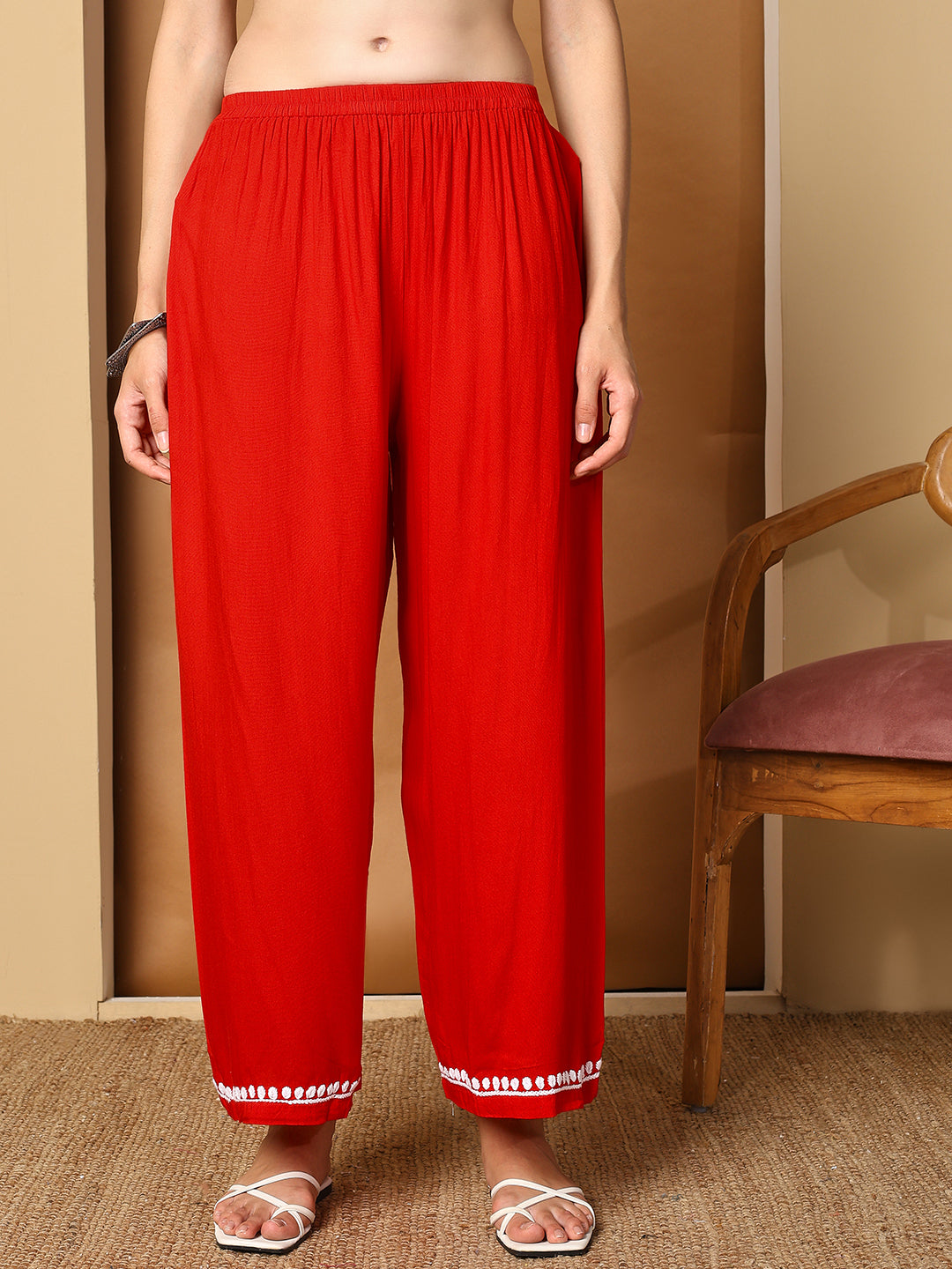 Red Rayon Anarkali Kurta Set with White Chikankari Embroidery