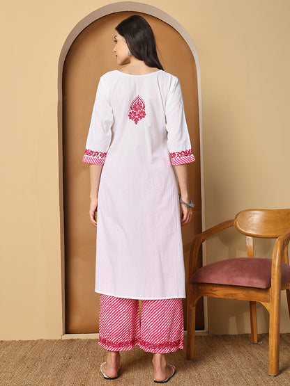 White Cotton Long Kurta Set with Pink Chikankari and Palazzo Pants