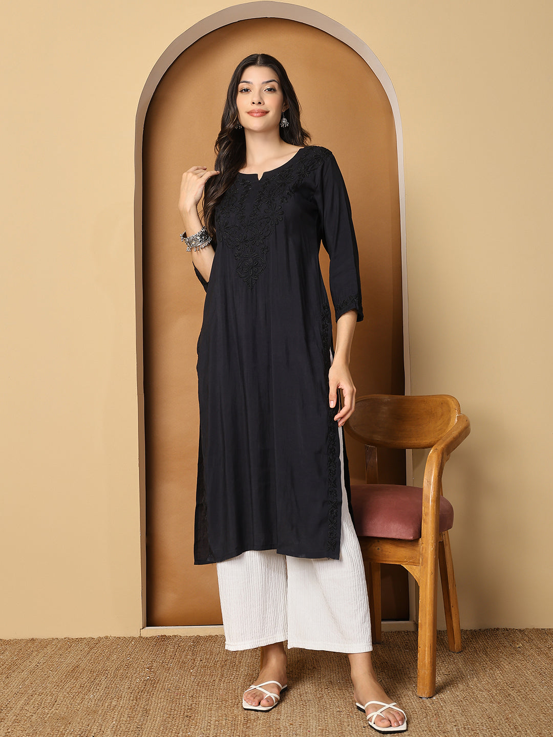Black Chanderi Straight Long Kurta with Chikankari Work