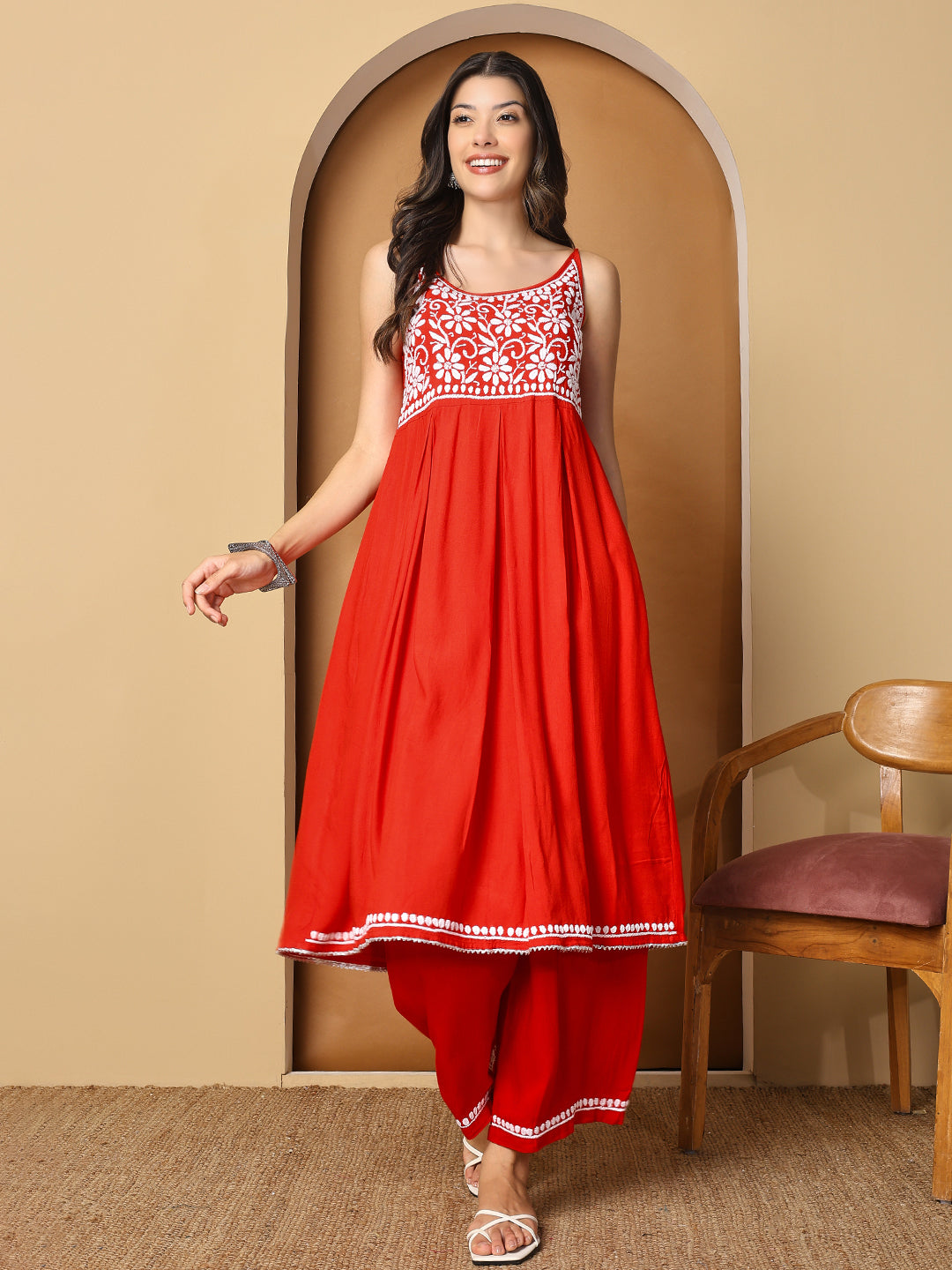 Red Rayon Anarkali Kurta Set with White Chikankari Embroidery