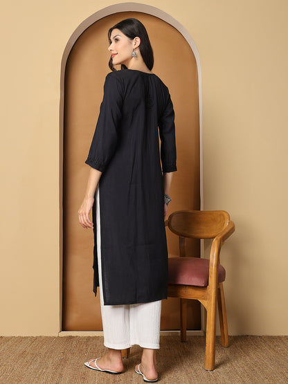 Black Chanderi Straight Long Kurta with Chikankari Work