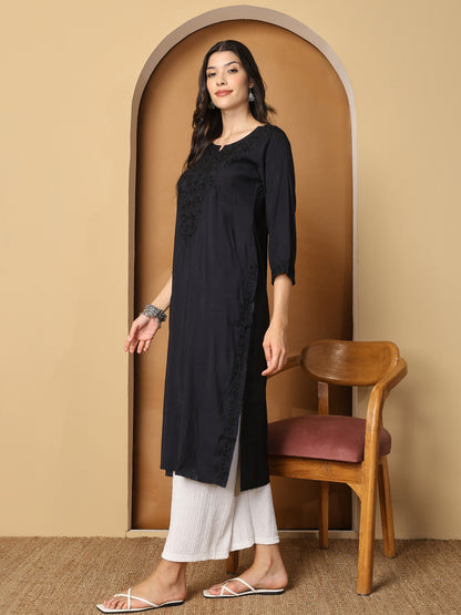 Black Chanderi Straight Long Kurta with Chikankari Work