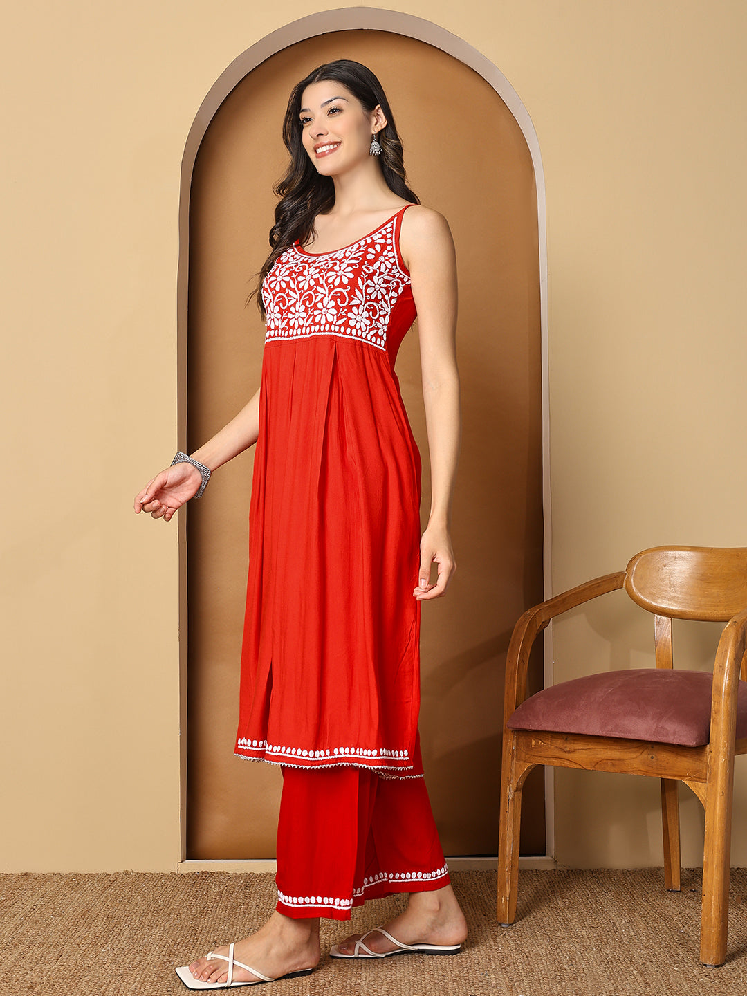 Red Rayon Anarkali Kurta Set with White Chikankari Embroidery