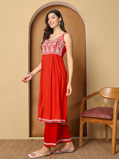 Red Rayon Anarkali Kurta Set with White Chikankari Embroidery