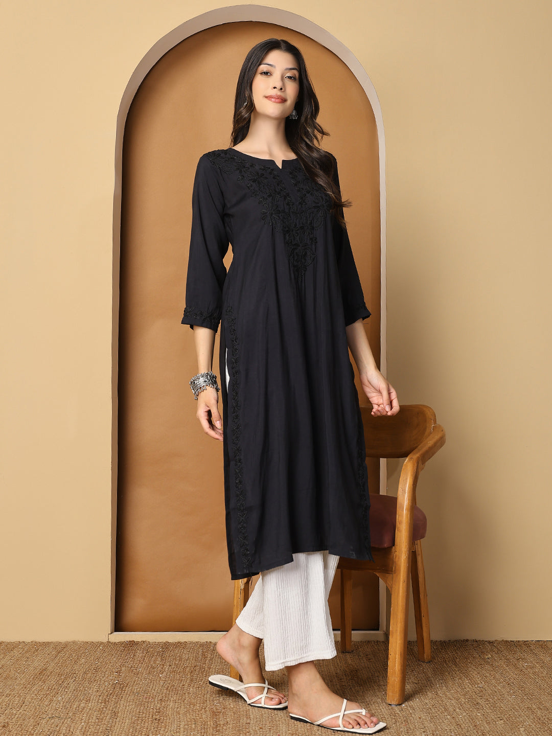 Black Chanderi Straight Long Kurta with Chikankari Work