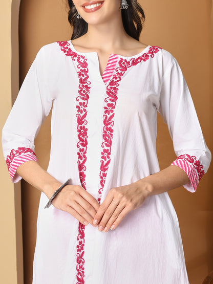 White Cotton Long Kurta Set with Pink Chikankari and Palazzo Pants