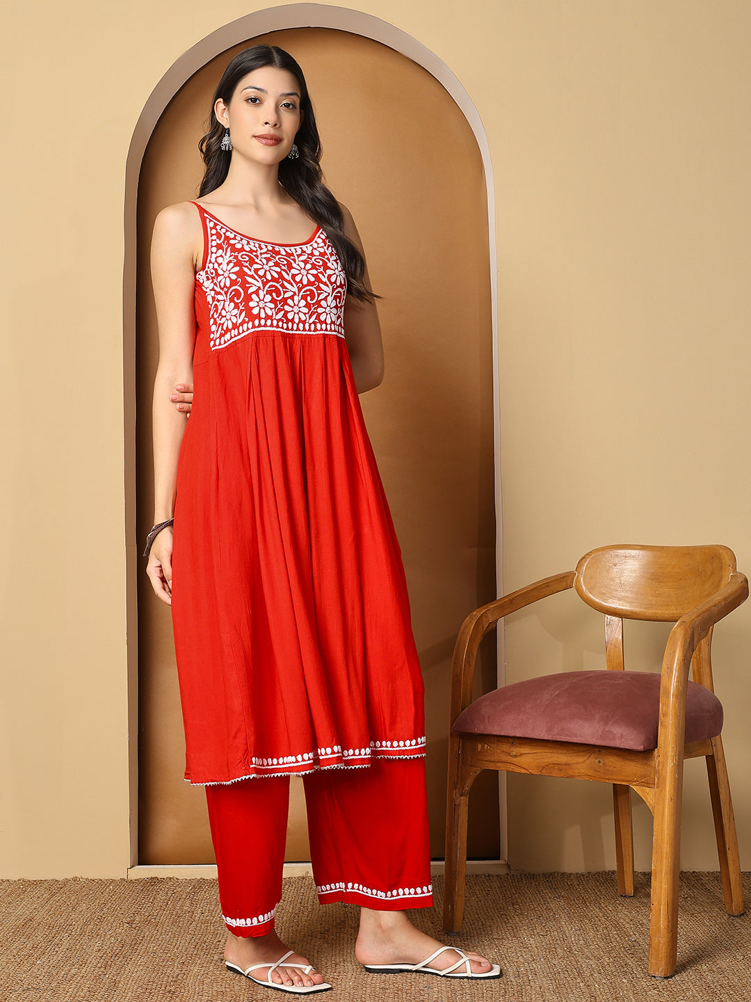 Red Rayon Anarkali Kurta Set with White Chikankari Embroidery