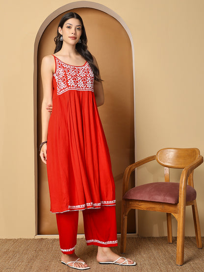 Red Rayon Anarkali Kurta Set with White Chikankari Embroidery
