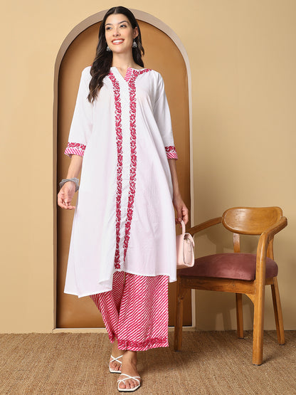 White Cotton Long Kurta Set with Pink Chikankari and Palazzo Pants