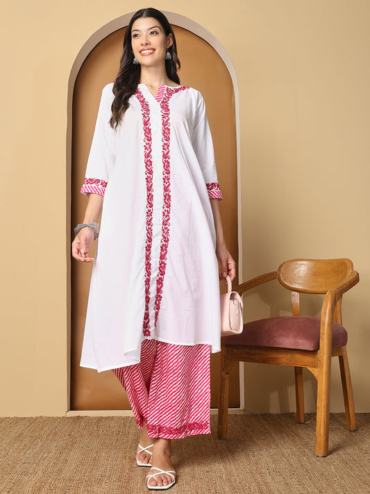 White Cotton Long Kurta Set with Pink Chikankari and Palazzo Pants