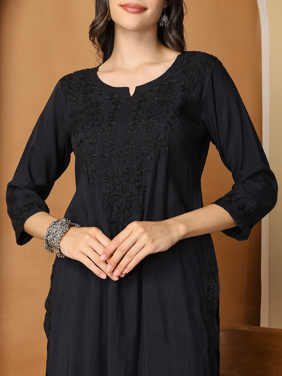 Black Chanderi Straight Long Kurta with Chikankari Work