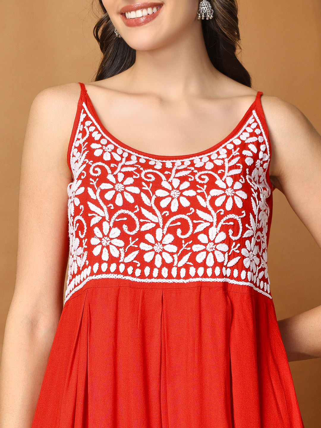 Red Rayon Anarkali Kurta Set with White Chikankari Embroidery