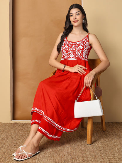 Red Rayon Anarkali Kurta Set with White Chikankari Embroidery