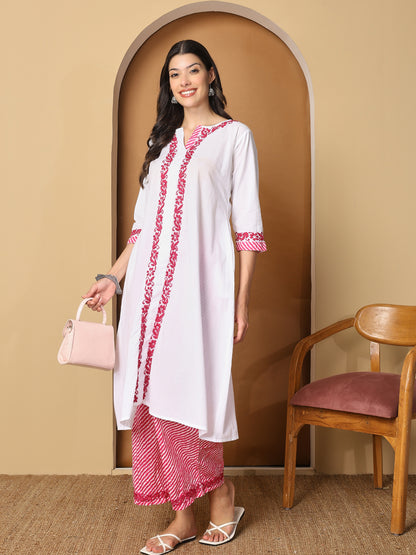 White Cotton Long Kurta Set with Pink Chikankari and Palazzo Pants