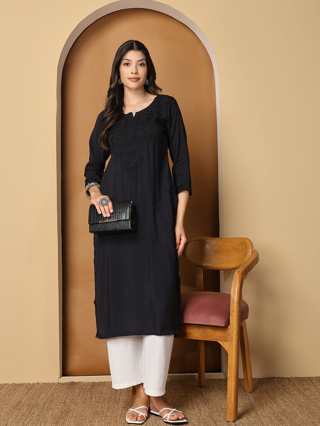 Black Chanderi Straight Long Kurta with Chikankari Work
