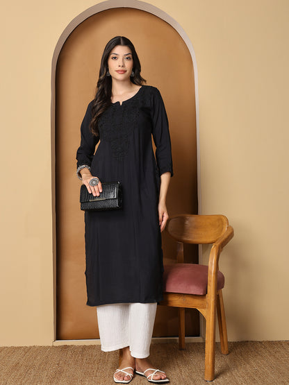 Black Chanderi Straight Long Kurta with Chikankari Work
