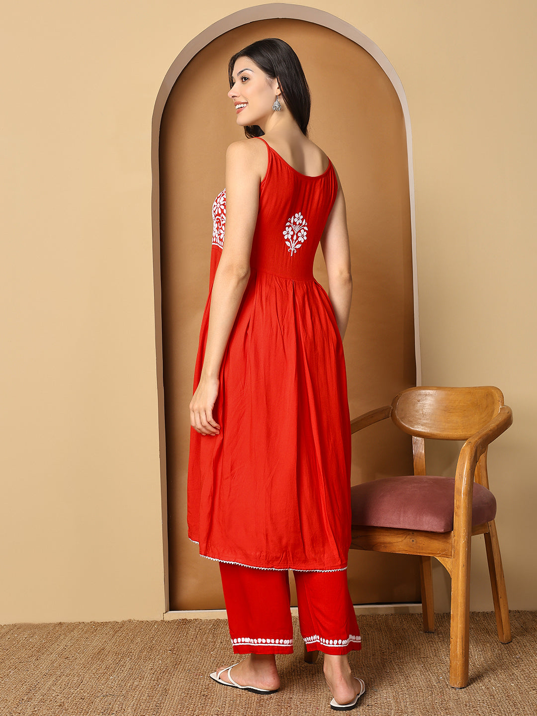 Red Rayon Anarkali Kurta Set with White Chikankari Embroidery
