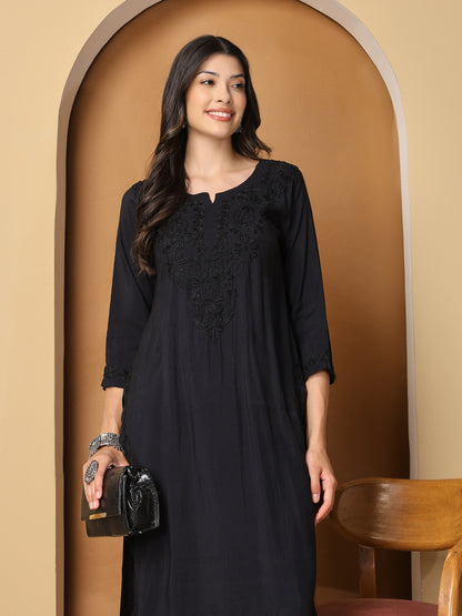 Black Chanderi Straight Long Kurta with Chikankari Work