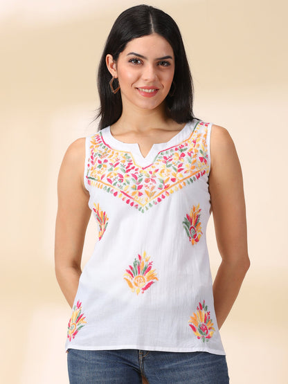 White Cotton Multi Embroidered Chikankari Top