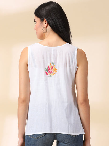 White Cotton Multi Embroidered Chikankari Top