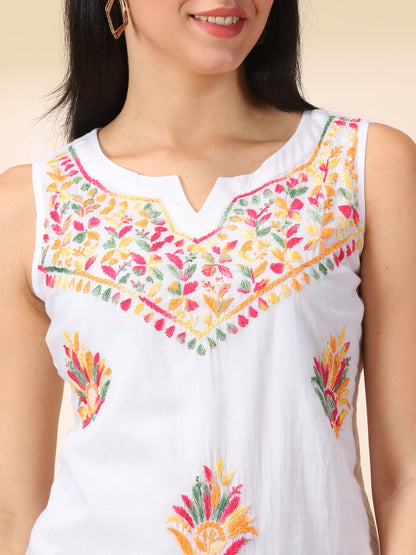 White Cotton Multi Embroidered Chikankari Top