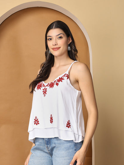 White Rayon Spaghetti Top with Chikankari Work