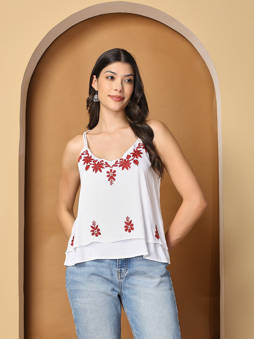 White Rayon Spaghetti Top with Chikankari Work