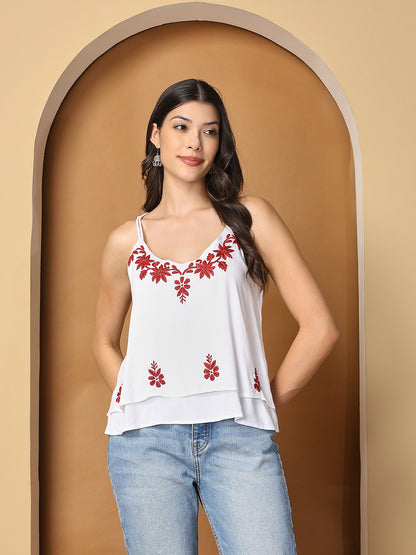 White Rayon Spaghetti Top with Chikankari Work