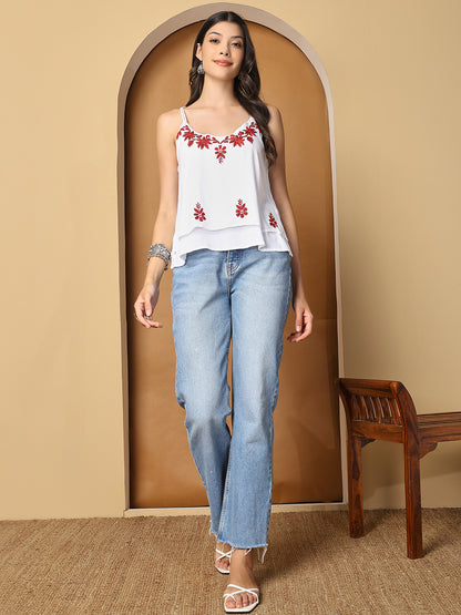 White Rayon Spaghetti Top with Chikankari Work