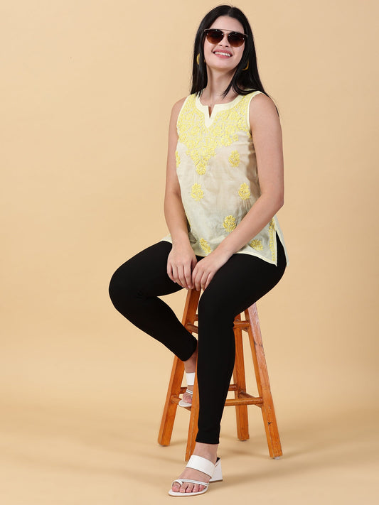 Women Yellow Cotton Chikankari Top