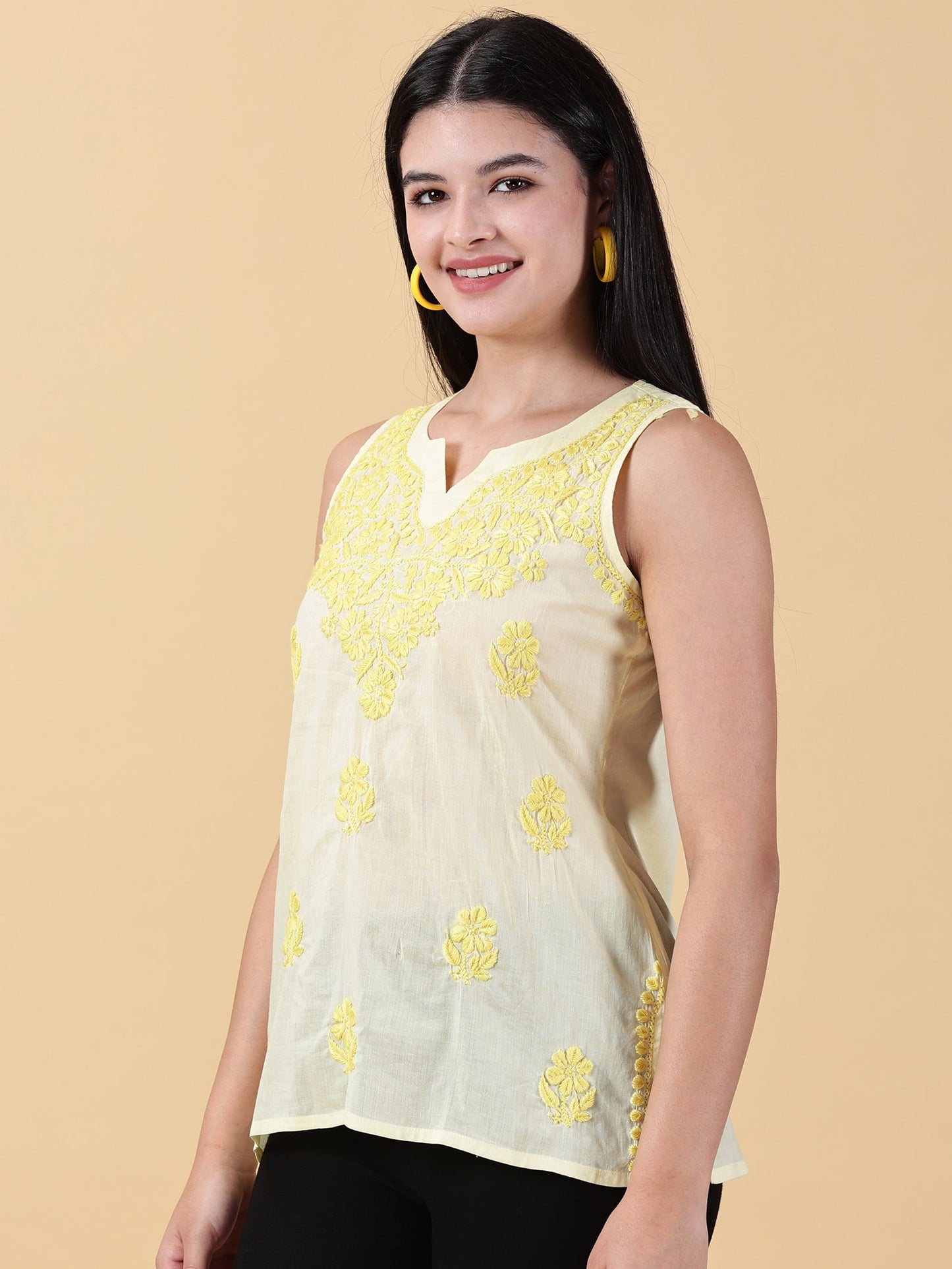 Women Yellow Cotton Chikankari Top