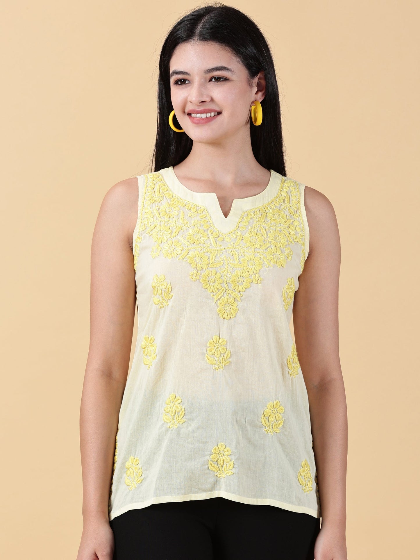 Women Yellow Cotton Chikankari Top