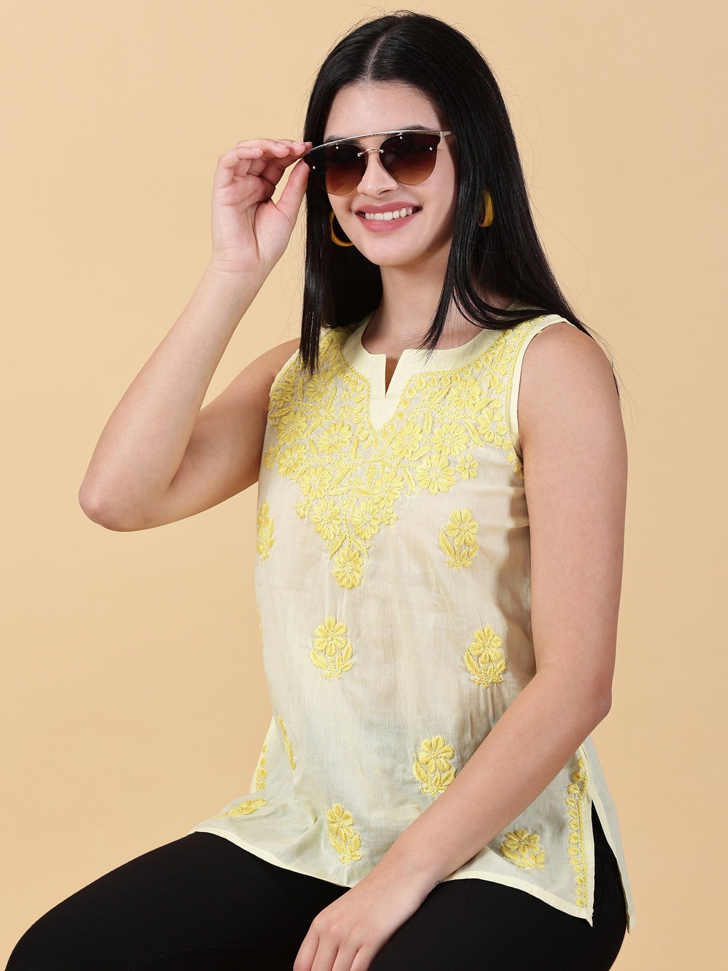 Women Yellow Cotton Chikankari Top